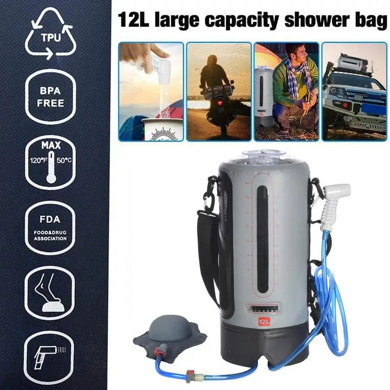 Portable Shower Bag For Camping 12L Portable Outdoor Shower With Foot-Pump Hot Water Support Water Level Window Waterproof