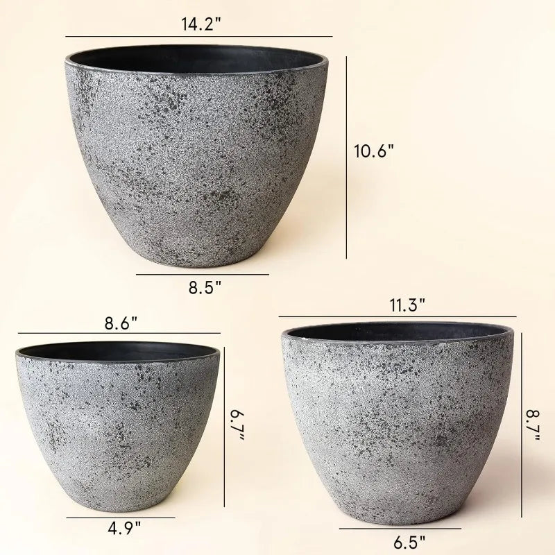 14.2/11.3/8.6 Inch Planters,Set of 3 Indoor/Outdoor Round Planters,Grey Tree Planters,Plant Container with Drain Holes