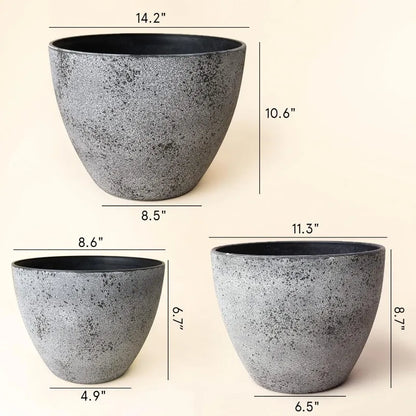 14.2/11.3/8.6 Inch Planters,Set of 3 Indoor/Outdoor Round Planters,Grey Tree Planters,Plant Container with Drain Holes