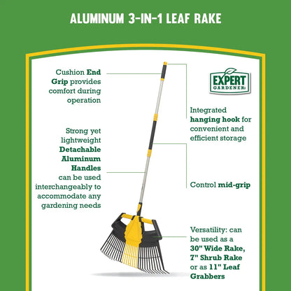 Expert Gardener 3-in-1 Leaf Rake, Functions as 30in Leaf Rake, 7in Shrub Rake or Leaf Scoops
