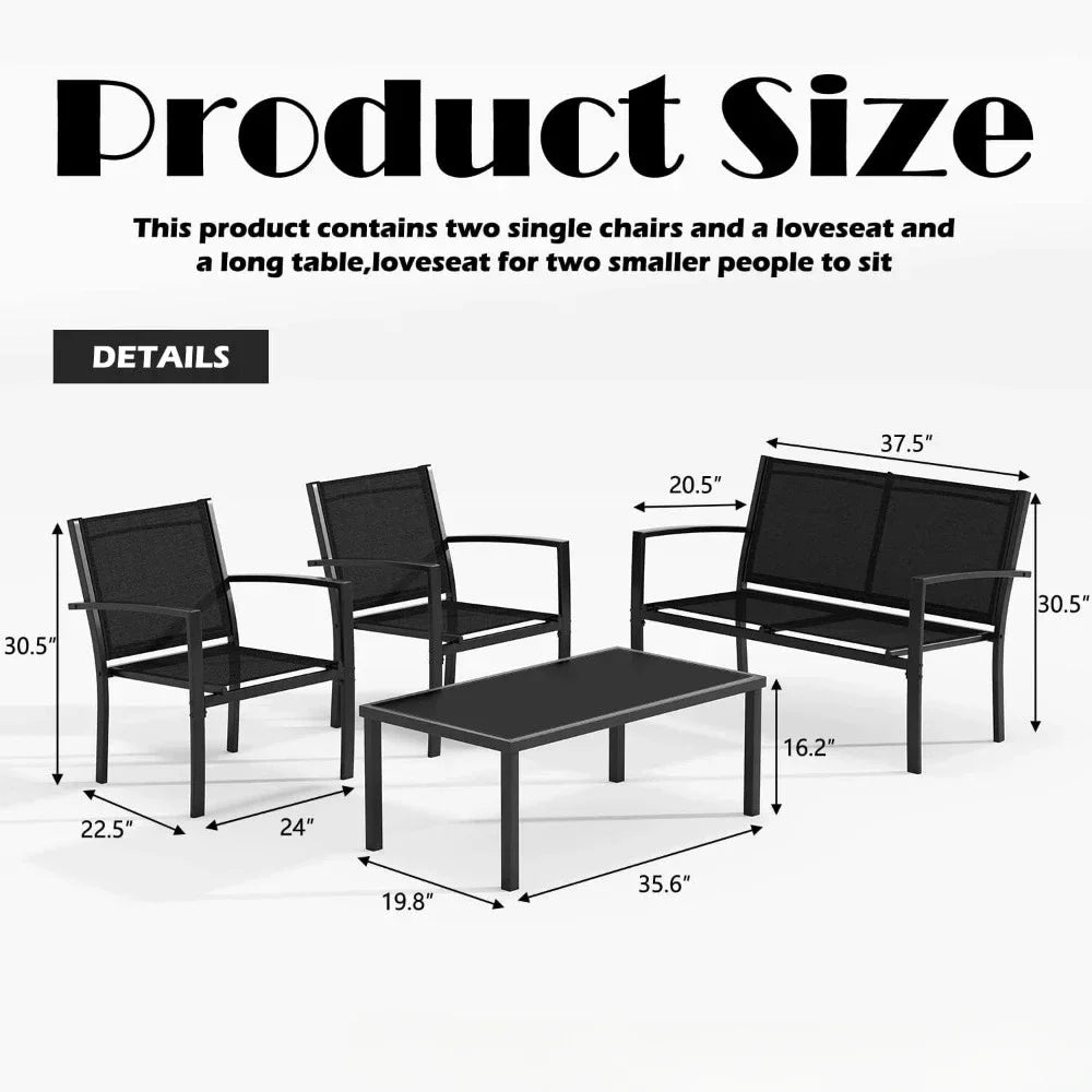 4 Pieces Patio Furniture Set, Outdoor Conversation Sets for Patio, Lawn, Garden, Poolside with A Glass Coffee Table, Black