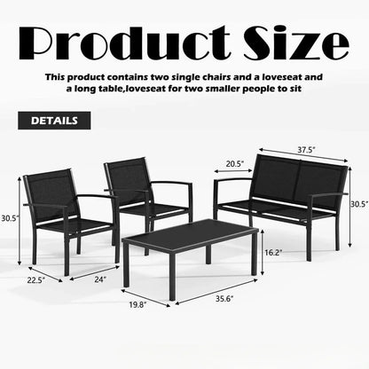 4 Pieces Patio Furniture Set, Outdoor Conversation Sets for Patio, Lawn, Garden, Poolside with A Glass Coffee Table, Black