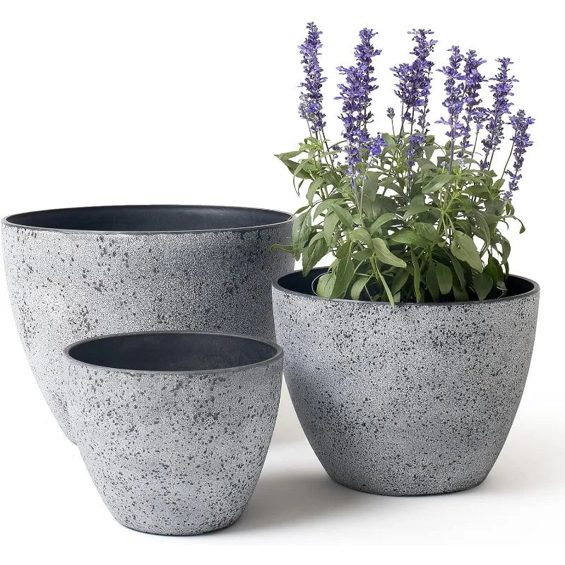 14.2/11.3/8.6 Inch Planters,Set of 3 Indoor/Outdoor Round Planters,Grey Tree Planters,Plant Container with Drain Holes