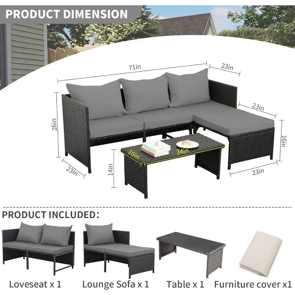 3-Piece Outdoor PE Rattan Furniture Set Patio Black Wicker Conversation Loveseat Sofa Sectional Couch Gray Cushion Garden Sofas