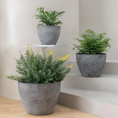 14.2/11.3/8.6 Inch Planters,Set of 3 Indoor/Outdoor Round Planters,Grey Tree Planters,Plant Container with Drain Holes