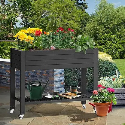 Outdoor Large Resin Patio Planter Box Stand Elevated Raised Garden Bed w/ Wheels  plant shelves  plant stands for Plants