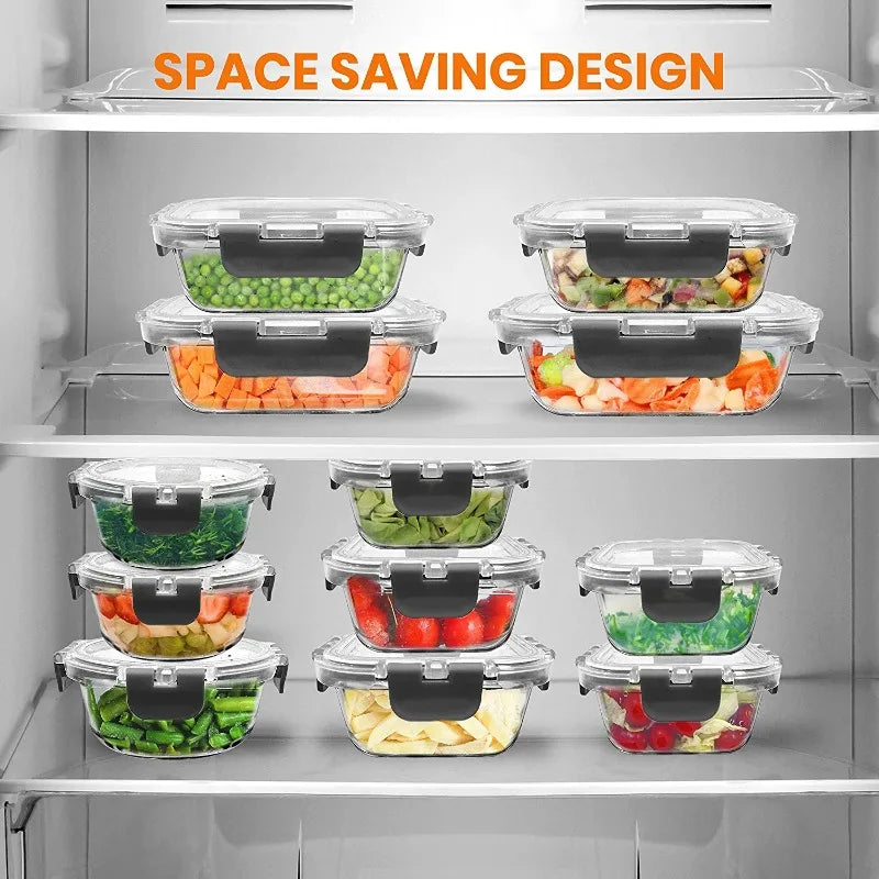 24-Piece Superior Glass Food Storage Containers Set - Stackable Design BPA-free Locking lids (Gray) Glass Containers