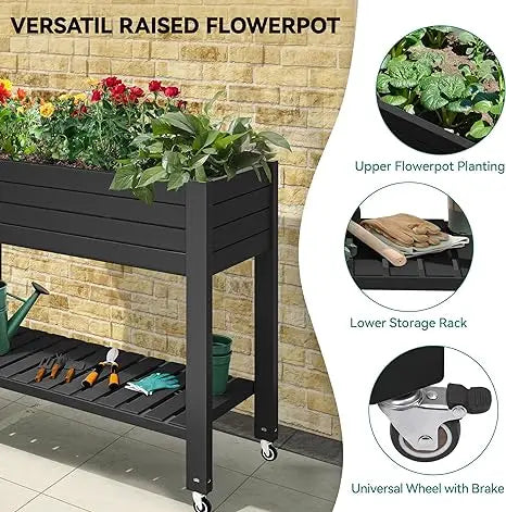 Outdoor Large Resin Patio Planter Box Stand Elevated Raised Garden Bed w/ Wheels  plant shelves  plant stands for Plants