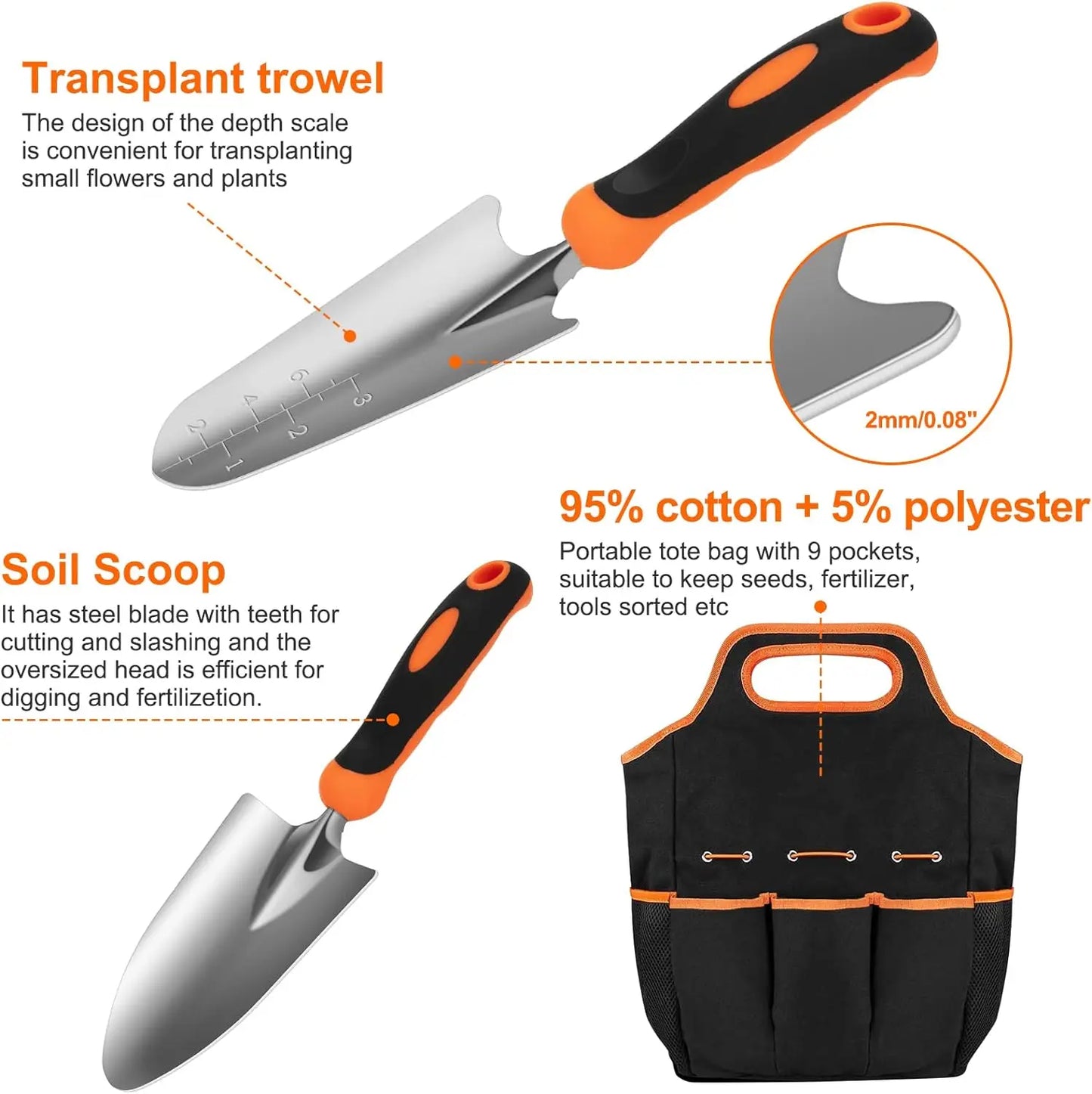 Garden Tool Set,Stainless Steel Heavy Duty Gardening Tool Set, with Non-Slip Rubber Grip, Storage Tote Bag, Outdoor Hand Tools