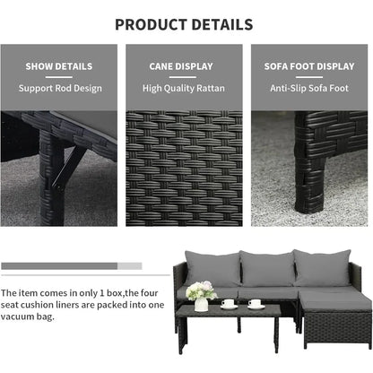 3-Piece Outdoor PE Rattan Furniture Set Patio Black Wicker Conversation Loveseat Sofa Sectional Couch Gray Cushion Garden Sofas