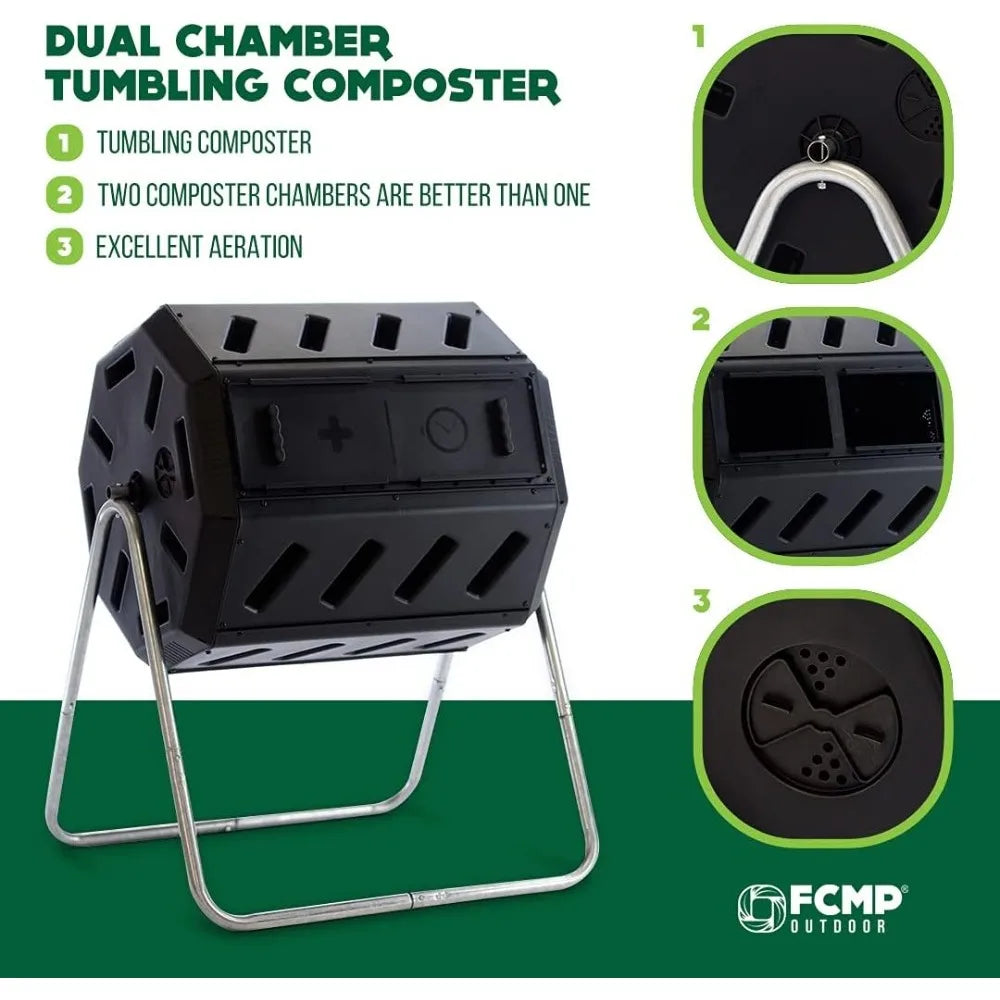 FCMP Outdoor IM4000 Dual Chamber Tumbling Composter Canadian-Made, 100% Recycled Resin - Outdoor Rotating Compost Tumbler Bin