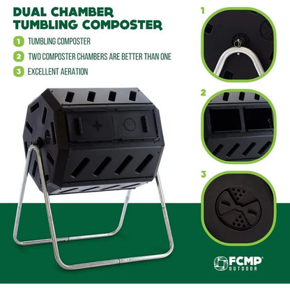FCMP Outdoor IM4000 Dual Chamber Tumbling Composter Canadian-Made, 100% Recycled Resin - Outdoor Rotating Compost Tumbler Bin