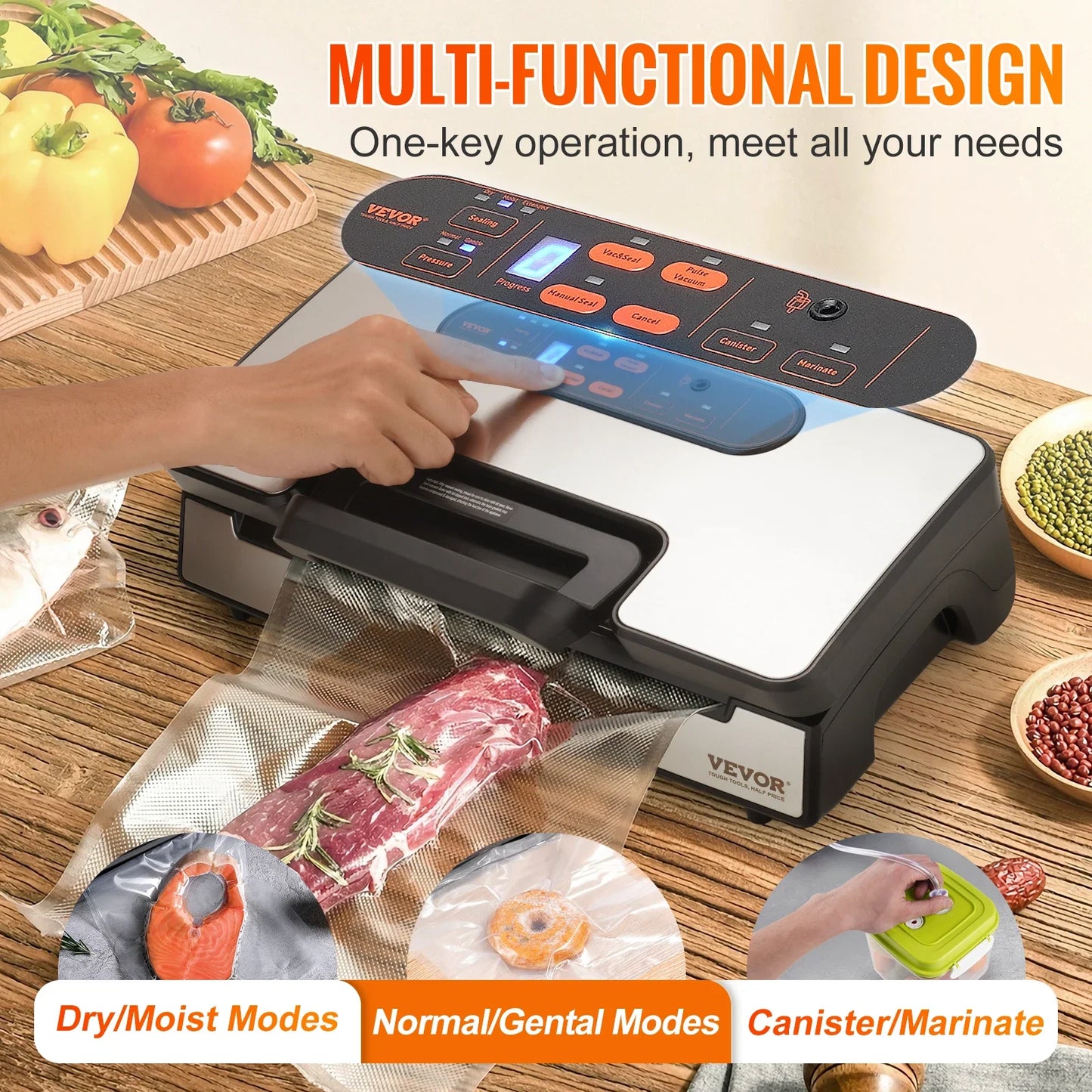 VEVOR Vacuum Sealer Machine Food Preservation Storage Saver 90Kpa  for Dry Moist Food Storage Automatic and Manual Air Sealing
