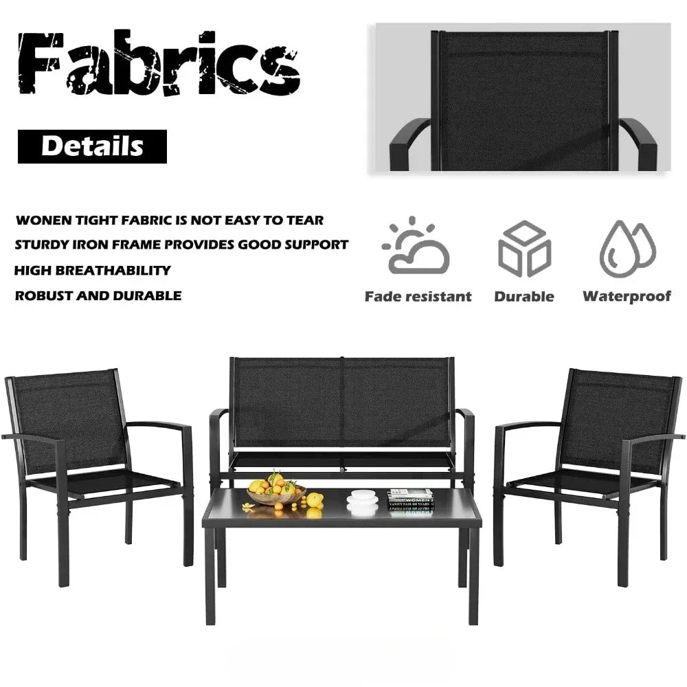 4 Pieces Patio Furniture Set, Outdoor Conversation Sets for Patio, Lawn, Garden, Poolside with A Glass Coffee Table, Black