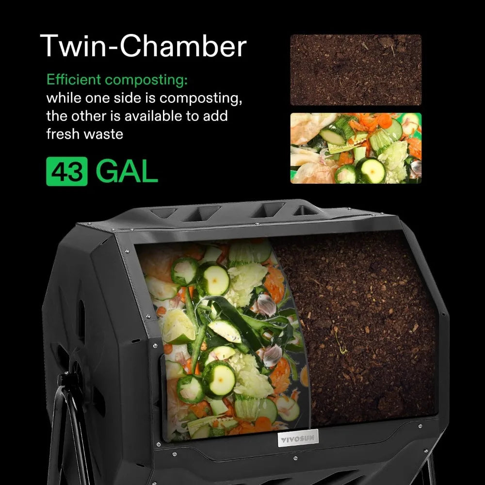 Outdoor Tumbling Composter Dual Rotating Batch Compost Bin, 43 Gallon Black Door