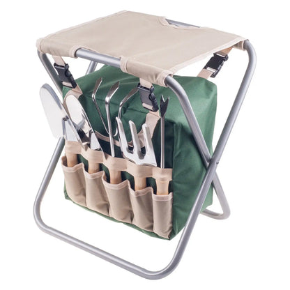 Pure Garden Folding Garden Stool with Tool Bag and 5 Garden Tools