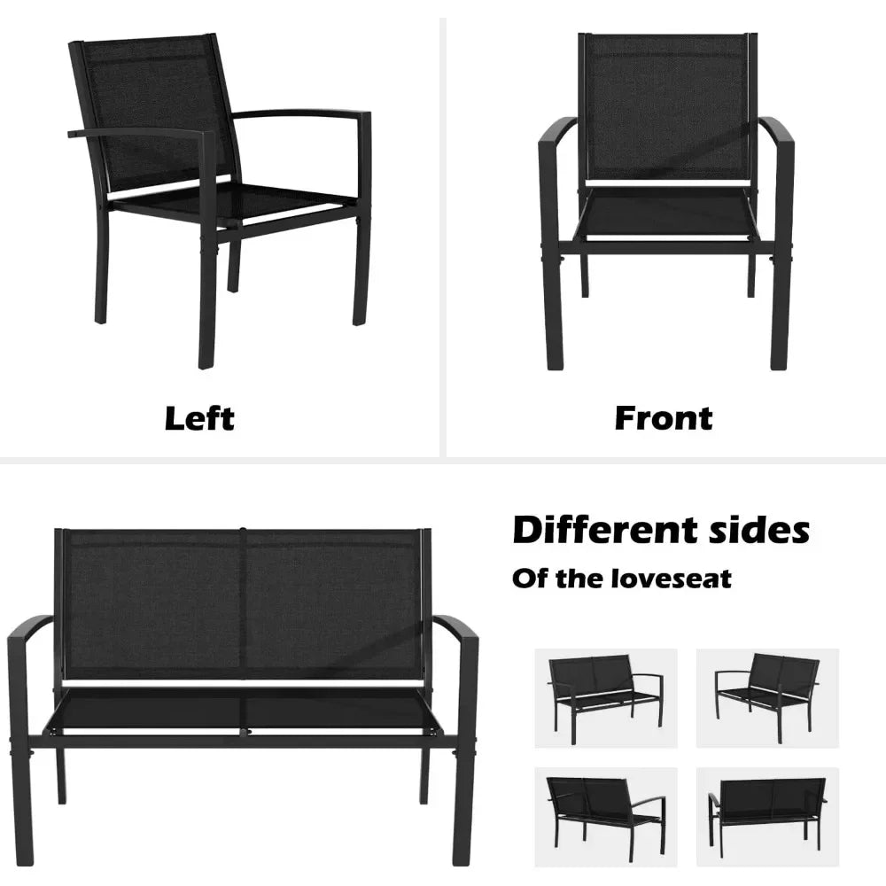 4 Pieces Patio Furniture Set, Outdoor Conversation Sets for Patio, Lawn, Garden, Poolside with A Glass Coffee Table, Black