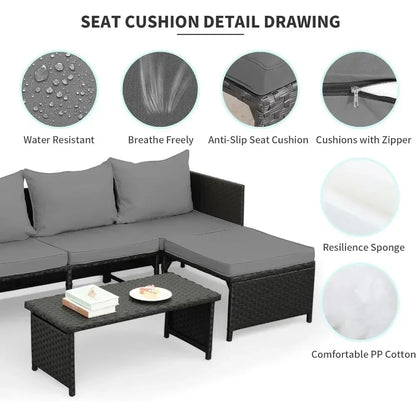 3-Piece Outdoor PE Rattan Furniture Set Patio Black Wicker Conversation Loveseat Sofa Sectional Couch Gray Cushion Garden Sofas
