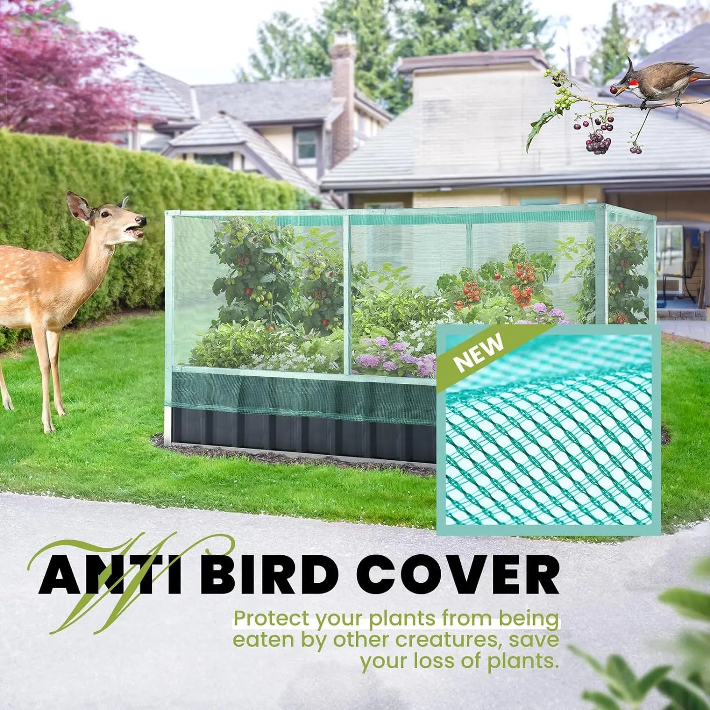 KING BIRD 68" x 36" x 34.6" Raised Garden Bed with Garden Anti-Bird Protection Netting Structure Galvanized Steel Metal Planter