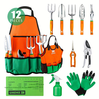 12-Piece Heavy-Duty Aluminum Garden Tool Set - Ergonomic Handle, Canvas Apron with Storage Pocket, and Durable Metal Construction for Effortless Gardening Experience - Ideal for Women and Men